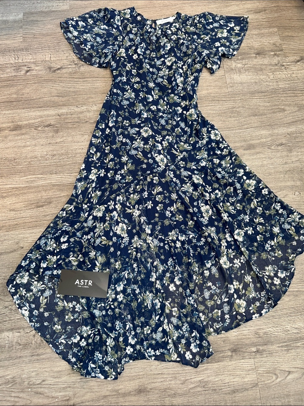 ASTR Blue Green Floral High Low Midi Maxi Dress Metallic XS NWT Ruffle Sleeve